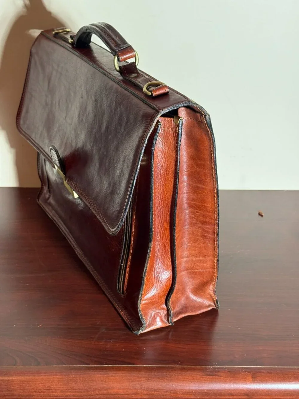 OLD ANGLER Cognac Italian Leather Brown Men's Flap Over Briefcase Made in Italy
